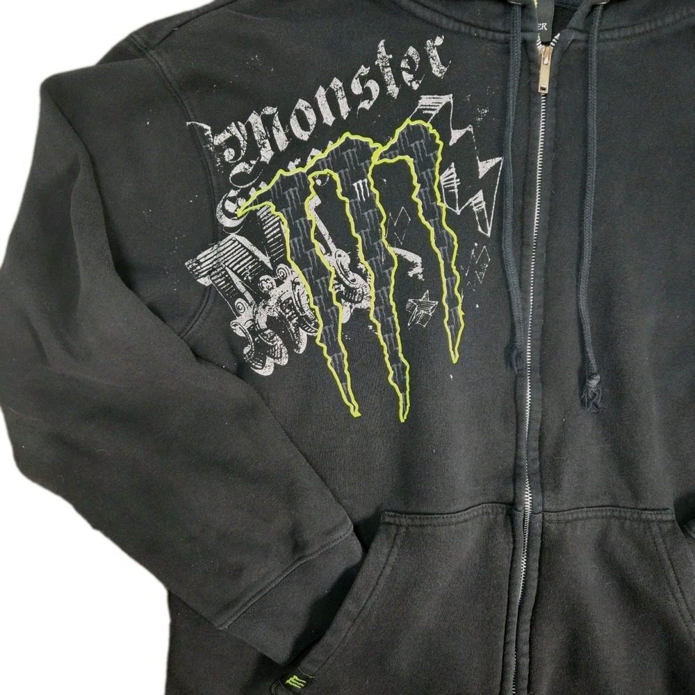 Vintage Y2K Monster Energy Full Zip Hoodie Men's Size Large Black BMX Moto Skate
